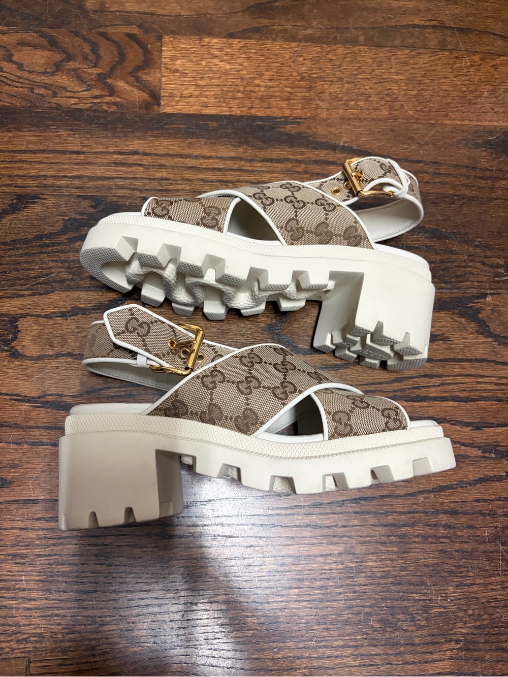 Authentic Gucci Beige Monogram Platform Lug Sandals with Gold Buckle